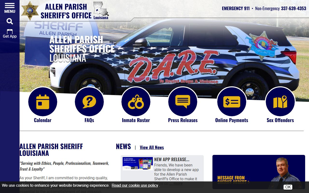 Allen Parish Sheriff's Office website with public safety navigation