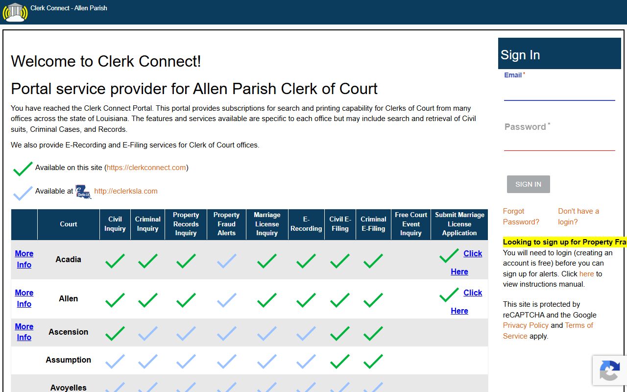ClerkConnect record search entry for Allen Parish