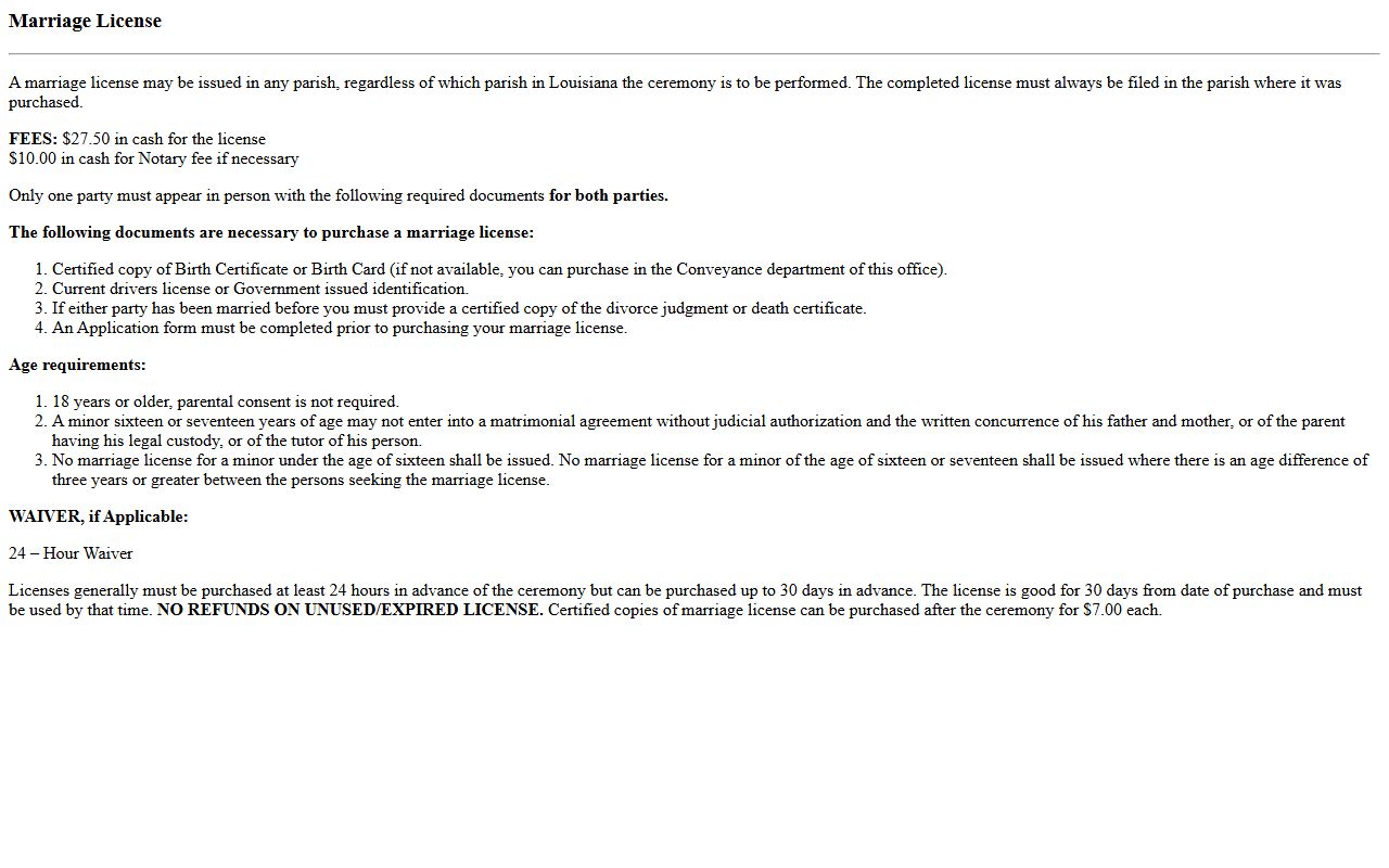Allen Parish marriage records document requirements
