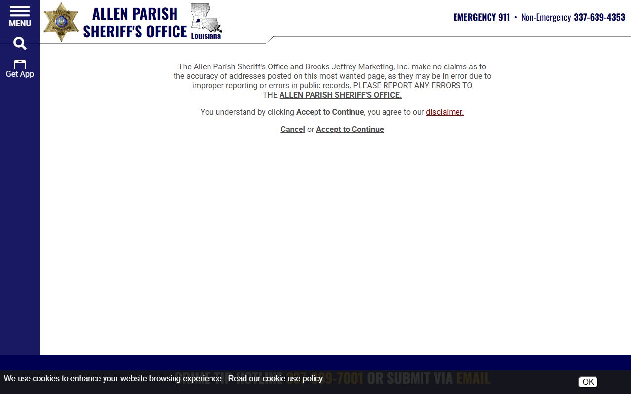 Allen Parish warrant records most-wanted disclaimer page